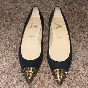 Christian Louboutin Black And Gold Suede Spike Cap Toe Ballet Flats Size 38
